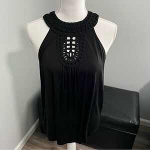 Cable & Gauge Black Knit Tank Unique Crochet Front and 2 Button Neck Size S NWT